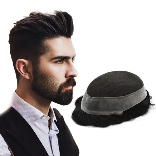 Sistema suizo de encaje para hombre, tupé para hombre, sistema de reemplazo de cabello humano, protesis capilar para hombre (7 x 9 pulgadas, 120%