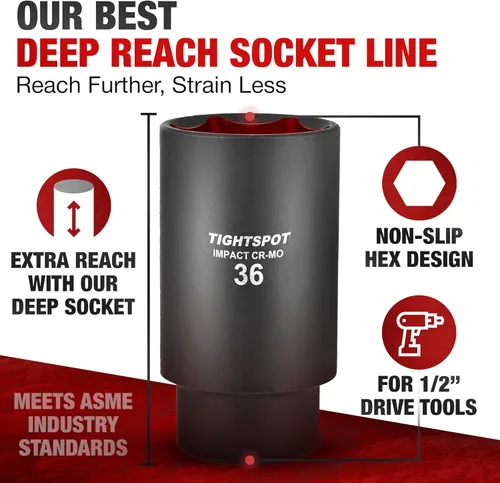 Miniatura 2 de TIGHTSPOT 1/2 Pulgada de transmisión - Vaso de impacto profundo de 36 mm con diseño de 6 puntos anti-redondeo, acero CRMO tratado térmicamente