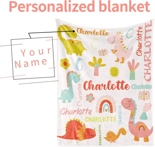 Miniatura 2 de Manta de dinosaurio personalizada con nombre para niña, manta de nombre personalizada para niños, manta de franela suave de dinosaurio rosa, regalo