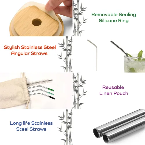 Miniatura 6 de Tapas de bambú para tarros de masón con agujero para pajilla, popotes reutilizables de acero inoxidable con puntas de silicona de colores, cepillo