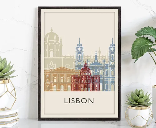 Póster de ilustración de Lisboa, póster de horizonte de Lisboa Portugal, impresión de paisaje urbano y monumento, arte de pared para el hogar de