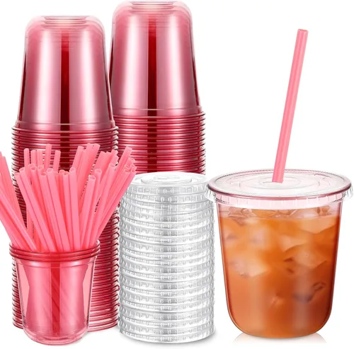 Miniatura 11 de Ziliny 50 Juegos de Vasos de Plástico Transparente con Pajitas y Tapas Rosas en Forma de Corazón, Vasos Desechables para Café Helado Drinking Pet