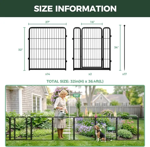 Miniatura 7 de FXW - Valla de jardín metálica y resistente para exteriores, barrera para perros y conejos, fácil instalación, negro, 32 pulgadas de alto x 36 pies