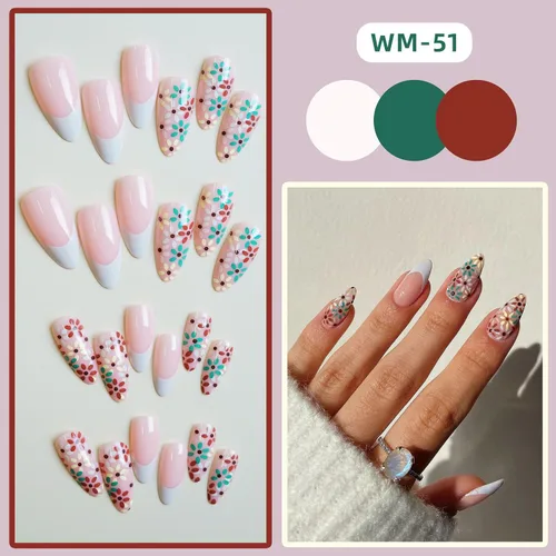 Miniatura 2 de Uñas postizas ovaladas a presión con puntas francesas, juego de uñas postizas cortas de flores artificiales, uñas postizas acrílicas con diseños