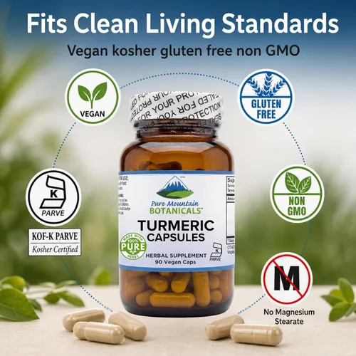Miniatura 6 de Pure Mountain Botanicals Curcumina de cúrcuma con pimienta negra - 450 mg - 95% curcuminoides - 5 mg de piperina - 60 cápsulas Kosher veganas