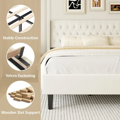 Miniatura 4 de HAOARA Base de cama de tamaño matrimonial, plataforma tapizada con cabecera con respaldo de ala, botón de terciopelo, fácil montaje, no necesita