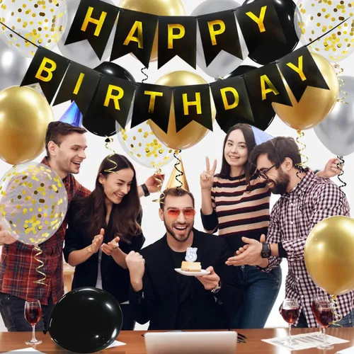 Miniatura 5 de Cartel de feliz cumpleaños, decoración de cumpleaños negro y dorado, 16 globos de 12 pulgadas con 2 cintas para hombres, mujeres, niñas y niños