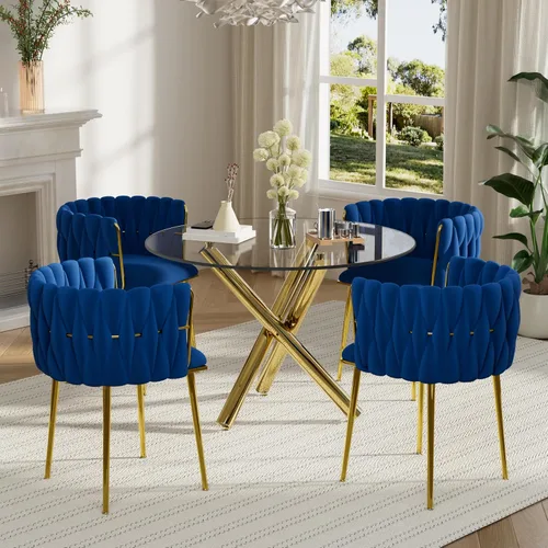 Miniatura 12 de Juego de mesa redonda dorada para 4, juego de mesa de comedor de 39'' con tapa de vidrio transparente, juego de mesa de cocina circular moderna de 5