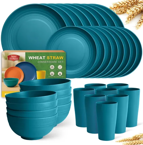 Miniatura 11 de Teivio - Juego de vajilla de paja de trigo de 32 piezas para cocina, juego de platos de plástico irrompible, servicio para 8, juego moderno de Negro