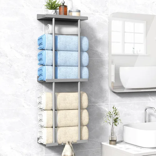 Miniatura 16 de Liuoud Toallero para Baño, Organizador Portador de Almacenamiento de Toallas Enrolladas Vertical Montado en la Pared con Estante, Sostiene Hasta 6