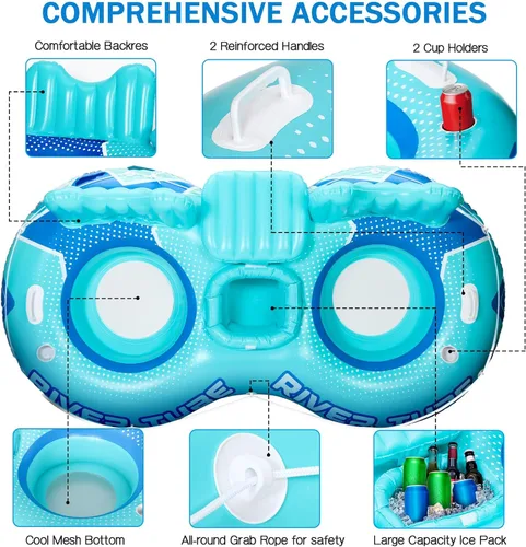 Miniatura 3 de Flotador inflable de tubo de río, flotador de piscina resistente para 2 personas con enfriador integrado, respaldo ergonómico y portavasos