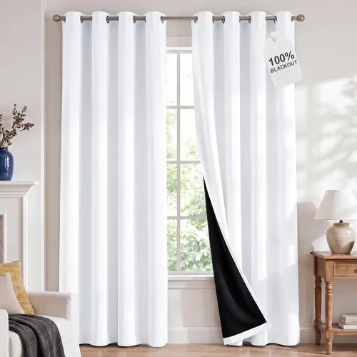 NICETOWN Paneles de cortina de ventana 100 % opacos, cortinas de bloqueo de calor y luz completa con forro negro para guardería, cortinas con Blanco