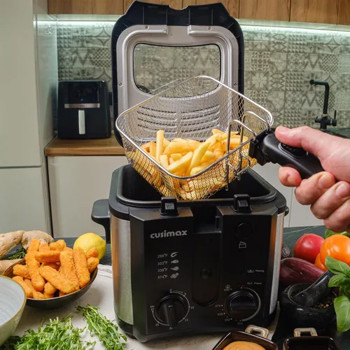 Miniatura 2 de CUSIMAX Freidora Eléctrica Profunda para Uso Doméstico, Freidora Profunda Pequeña de 2.5 Litros 1500W con Cesta, Temperatura y Tiempo Ajustables