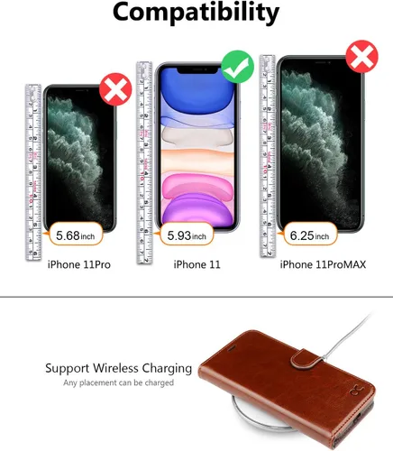 Miniatura 2 de OCASE Funda tipo cartera compatible con iPhone 11 con tarjetero y soporte para tarjetas, funda de piel sintética con función atril y cierre Marrón