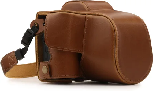 MegaGear Canon EOS M50 - Funda de piel sintética para cámara, diseño siempre listo con acceso a la batería, lente de 0.591-1.772 in, color marrón