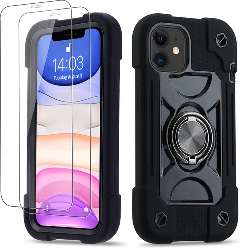 Miniatura 136 de Funda para iPhone 11 de 6.1 pulgadas con soporte de anillo, con 2 protectores de pantalla de vidrio, resistente a los golpes, resistente a