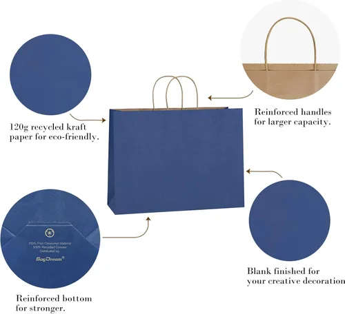 Miniatura 3 de BagDream 100 bolsas de papel kraft de 16 x 6 x 12 pulgadas con asas a granel, bolsas de compras grandes para regalos, comestibles, mercancías, Azul