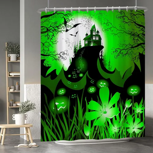 Miniatura 86 de Cortina de ducha de fantasma y gato negro para niños, 36 x 72 pulgadas, espeluznante y bonita, cortina de baño de Halloween con 6 ganchos, cortina