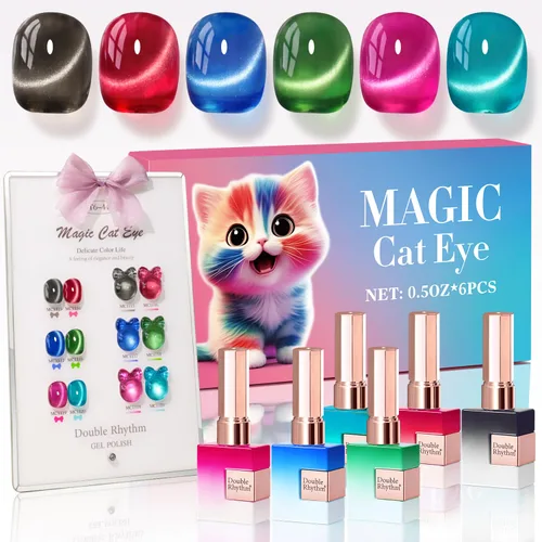 Miniatura 13 de Double Rhythm - Juego de esmalte de uñas de gel ojo de gato de 6 unidades, mismo color, misma botella, 14.8 ml, brillo con glitter, con imán