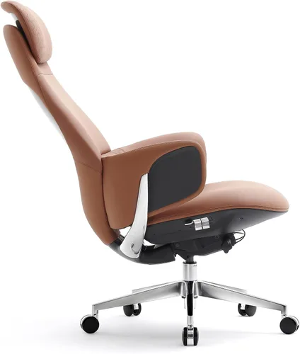 Miniatura 8 de Silla de oficina ejecutiva de cuero genuino con respaldo alto de aluminio con base giratoria ergonómica sincronizada, mecanismo reclinable de cuero