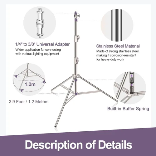 Miniatura 6 de EMART Soporte de luz de acero inoxidable de 9.2 pies/9.2 ft, trípode de fotografía acolchado con resorte resistente con adaptador universal de 1/4 a