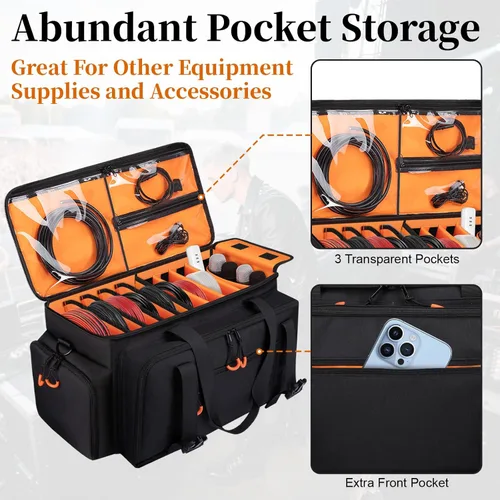Miniatura 4 de Bolsa grande para cables de DJ con bolsillo para laptop y micrófono, bolsa de DJ para equipo y accesorios de música con divisores desmontables