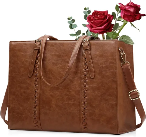 RAINSMORE Bolsa para Laptop para Mujeres, Bolsa Tote para Laptop de 15.6 Pulgadas de Cuero PU Bolsa de Trabajo para Computadora Ligera Bolsos de