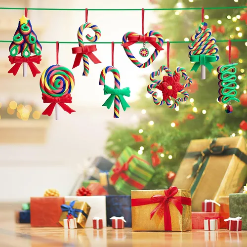 Miniatura 7 de Codree 8 piezas de adornos de piruleta de bastón de caramelo arcoíris - Adornos colgantes de arcilla polimérica para árbol de Navidad, fiesta