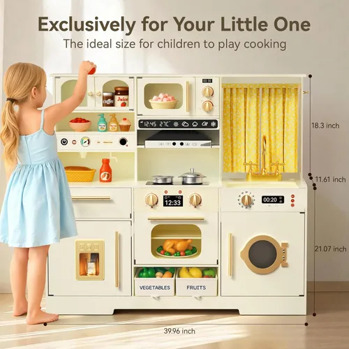 Miniatura 2 de Juego de cocina para niños pequeños con cajas de almacenamiento de fieltro y gancho de rango, juego de cocina de madera para niños con horno
