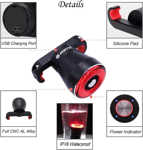 Miniatura 7 de G Keni Luz trasera inteligente para bicicleta, luces traseras con detección de freno, encendido/apagado automático, impermeable, recargable por USB