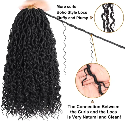 Miniatura 4 de COOKOO 14 pulgadas, 8 piezas de cabello de ganchillo Goddess Locs en total 112 hebras de pelo sintético negro natural de ganchillo de río hippie