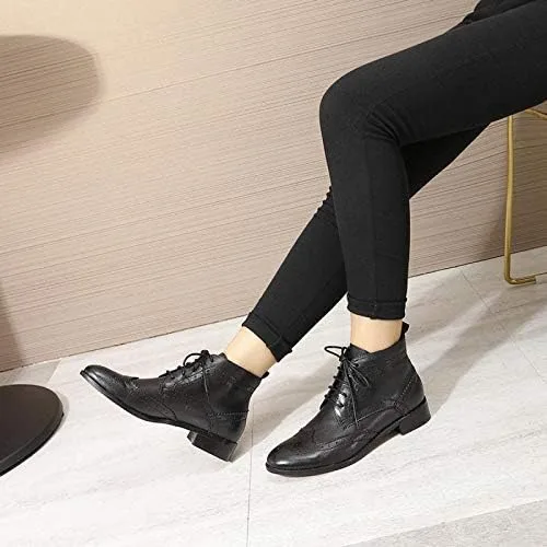 Miniatura 5 de Mona flying Botas Oxford de cuero cómodas con cordones para mujer, botas de tobillo de alta moda, botas de combate de tacón bajo