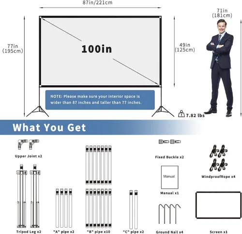 Miniatura 3 de VISULAPEX - Pantalla para proyector con soporte de 100 pulgadas, 16:9 4K HD, pantalla de proyector portátil para interior y exterior, pantalla