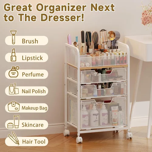 Miniatura 8 de Organizador de Carrito de Maquillaje con 3 Cajones, Organizadores de Cuidado de la Piel de Piso con Divisores, Organizador de Tocador Estuches