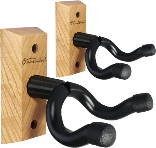 Onmiwod Soporte de pared para guitarra, paquete de 2 unidades, colgador de guitarra de madera dura de ceniza, soporte de pared para guitarra en
