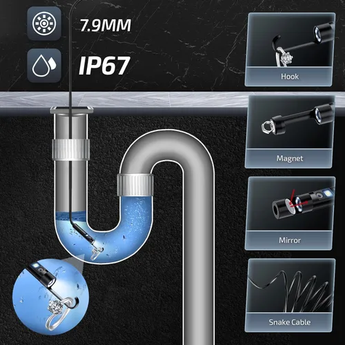 Miniatura 6 de Cámara endoscopio con luz, cámara boroscopio 1920P con 8+1 luces LED ajustables, cable semirrígido de 16.5 pies, IP67 impermeable para iPhone, iPad