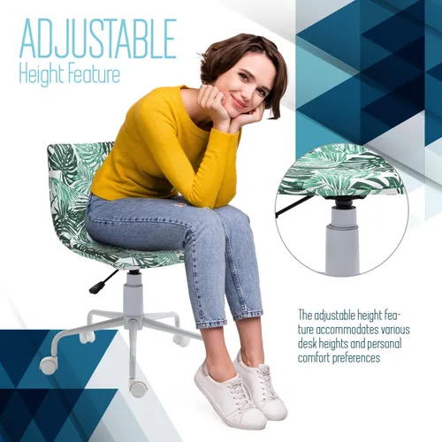Miniatura 5 de Silla de escritorio de oficina sin brazos en vinilo con estampado de hojas de plátano (blanco) – Silla ergonómica de respaldo medio con ruedas, sin