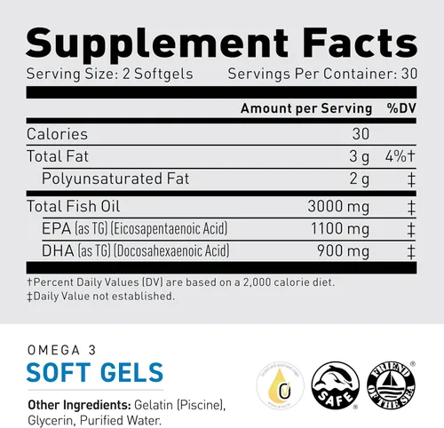 Miniatura 2 de Kaged Cápsulas blandas Omega 3 Sin sabor Suplemento de aceite de pescado 3000 mg de ácidos grasos Omega 3 con EPA y DHA Ultra puro, sin