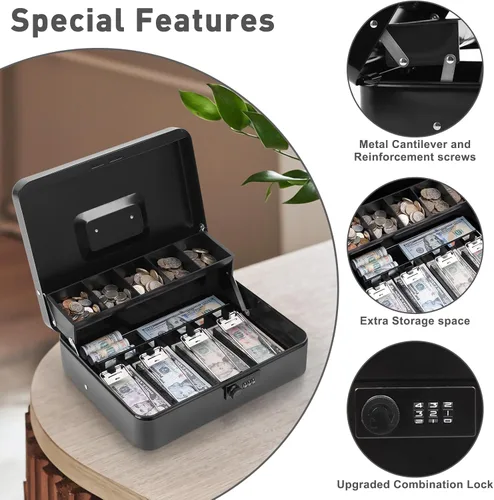 Miniatura 5 de KYODOLED Caja de dinero grande con cerradura de combinación, caja de dinero con bandeja para efectivo, caja fuerte con cerradura con llave, Negro-2