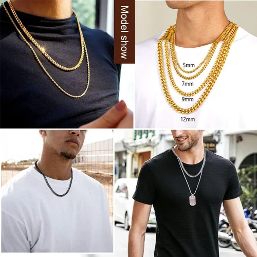 Miniatura 6 de FindChic - Collar con cadena para hombre chapado en oro de 18 quilates acero inoxidable doble apretado eslabones cubanos para hombres y niños
