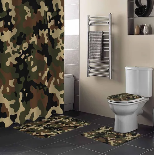 Miniatura 2 de Juego de 4 cortinas de ducha de camuflaje con alfombra antideslizante, cubierta para tapa de inodoro, tapete de baño y 12 ganchos, juego de cortina