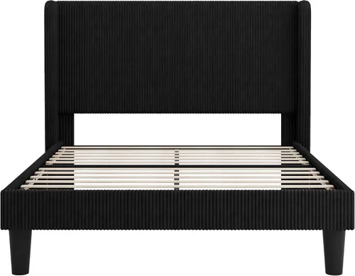 Miniatura 10 de SHA CERLIN - Base de cama tamaño Full tapizada en pana con plataforma y cabecera acolchada con diseño acanalado vertical estilo wingback, 8