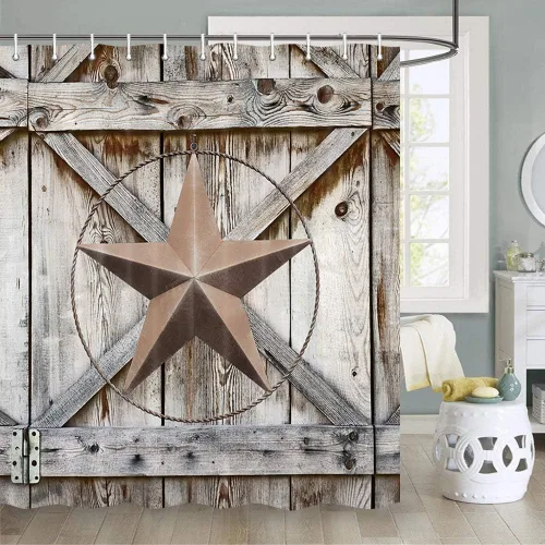 Miniatura 25 de JAWO Western Star - Cortina de ducha de Texas, estrella del oeste de Texas sobre tablero de madera rústica, juego de cortina de ducha con puerta
