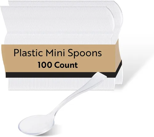 Miniatura 25 de Restaurantware Mini cucharas desechables de 4 pulgadas, 100 cucharas pequeñas desechables, par de alta resistencia con aperitivos o postres, plateado