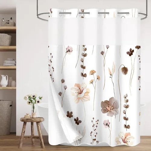 Miniatura 13 de Gibelle Juego de cortina de ducha pequeña sin gancho con forro de tela a presión, 36 x 74 pulgadas, cortina de ducha de flores azules y beige