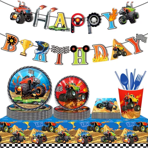 Miniatura 7 de OXYLIPO Paquete de 24 platos de papel de postre Monster Truck de 9 pulgadas, platos redondos desechables para automóvil, platos de fiesta, baby