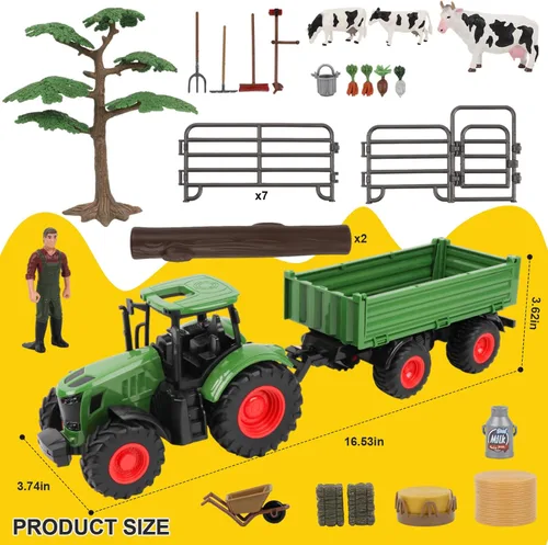 Miniatura 6 de Peagprav Juego de juguetes de tractor de animales de granja - tractor de 16.5 pulgadas con remolque, valla, granjero, árbol, vaca, juego de juguetes