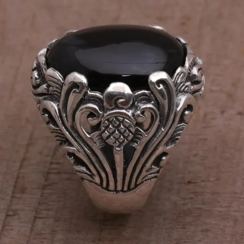 Miniatura 3 de NOVICA Anillo de cóctel floral de plata de ley 925 de ónix negro