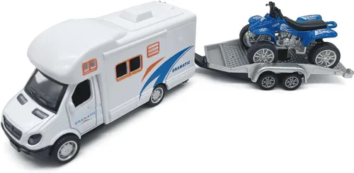 Miniatura 9 de Mini juguete de autocaravana camper RV para niños, modelo de aleación con tracción hacia atrás, vehículo recreativo con aventura, con muebles, techo