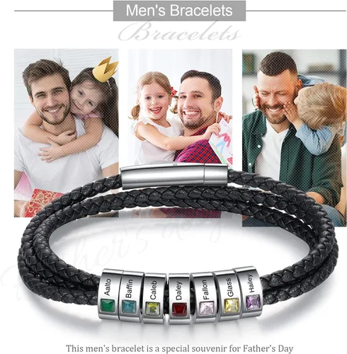 Miniatura 40 de Pulsera personalizada para el Día del Padre para hombre, pulseras personalizadas de cuero trenzado negro con cuentas grabadas de 1 a 8 nombres